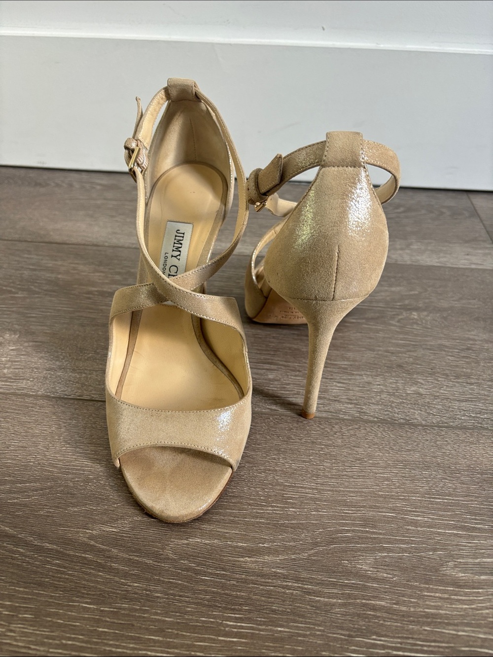 Jimmy Choo Metallic Gold Lamé Fabric Peep-Toe Platform Sandals